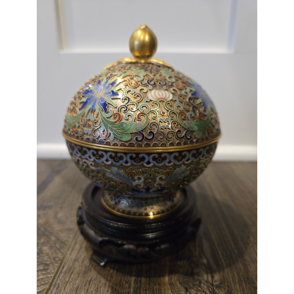 Vintage Cloisonne Enameled Brass Urn Jar Vase With Lid Blue Floral